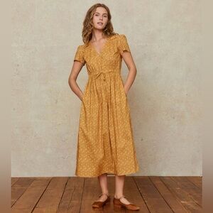 Christy Dawn Gold Cotton V Neck Short Sleeve Dress Size Large Petite